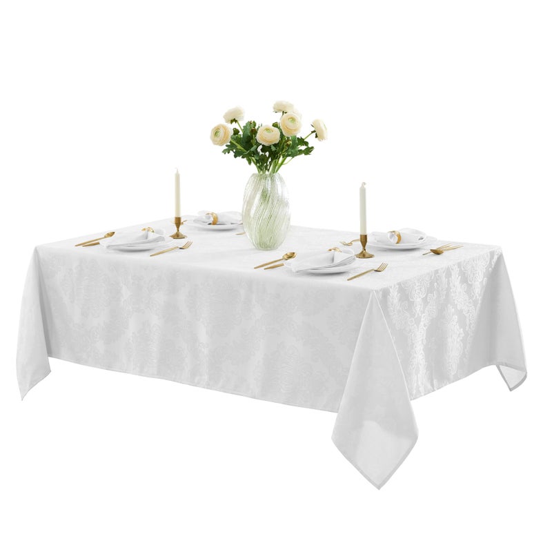 Newbridge Barcelona Luxury Damask Fabric Tablecloth, 60â€ Wide x 84â€ Rectangle, White, 100% Polyester, No Iron, Soil Resistant Dining Room, Party and Banquet Table Cover - Image 4